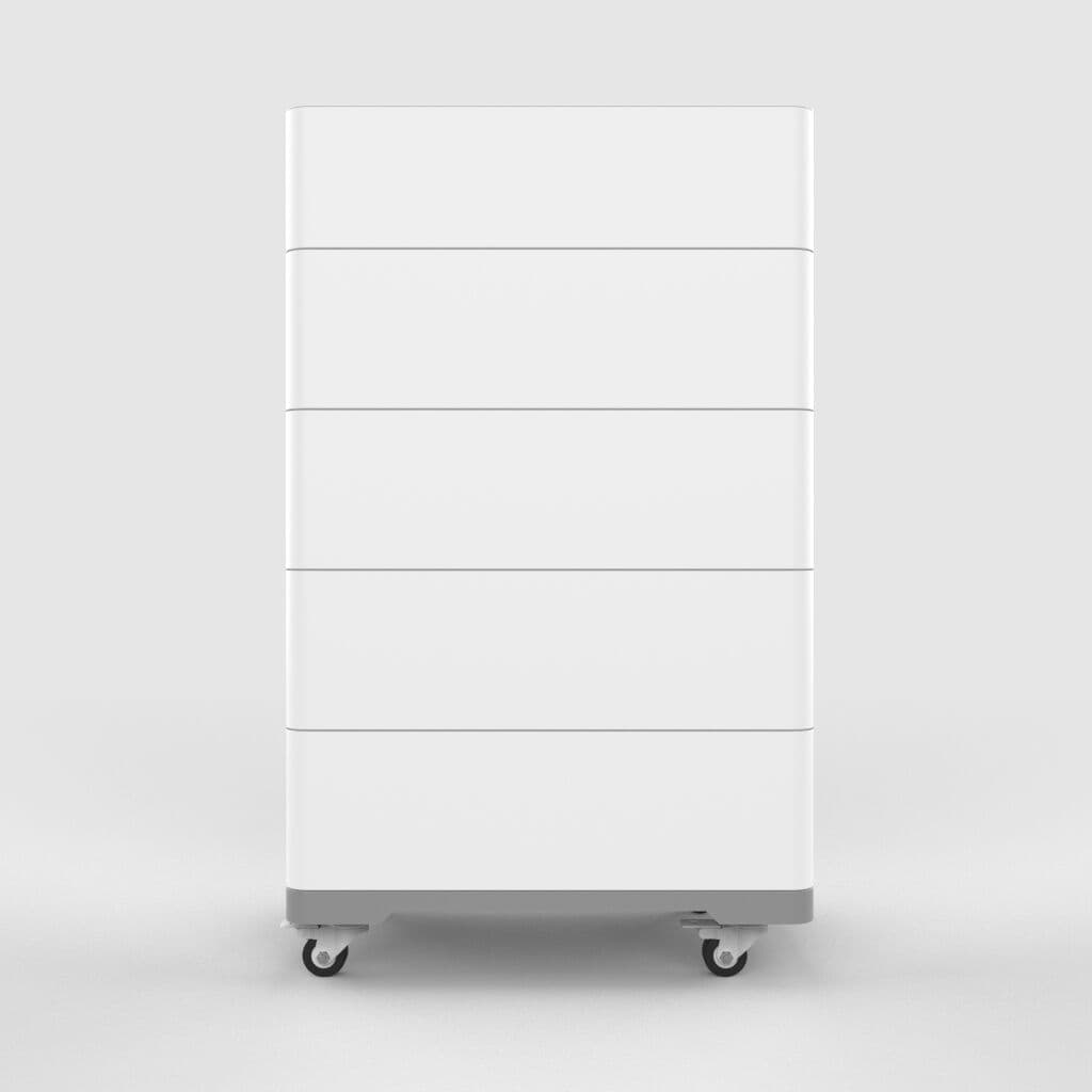 White stackable solar battery storage system on a wheeled base
